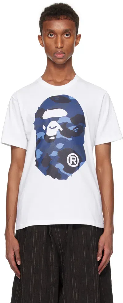 Bape White & Navy Color Camo Big Ape Head T-shirt In White X Navy