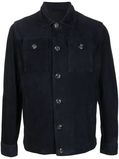 Barba Buttoned Leather Shirt Jacket In Blue