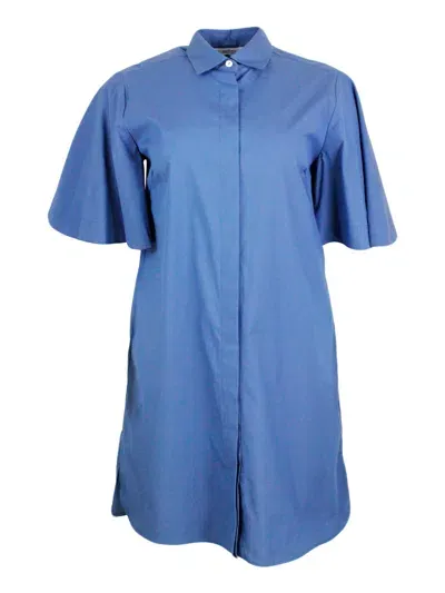 Barba Napoli Short 3/4 Sleeve Dress In Stretch Cotton With Concealed Button Placket In Blu Avio