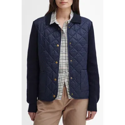 Barbour Moors Mixed Media Quilted Cotton & Wool Snap-up Cardigan In Navy Blue