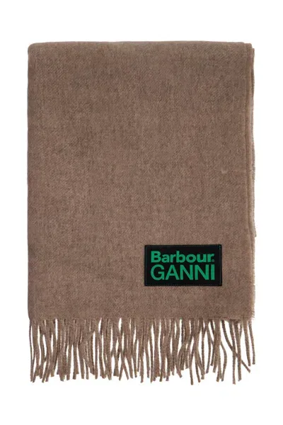 Barbour X Ganni 'wool Scarf With Patch Logo Design' In Beige