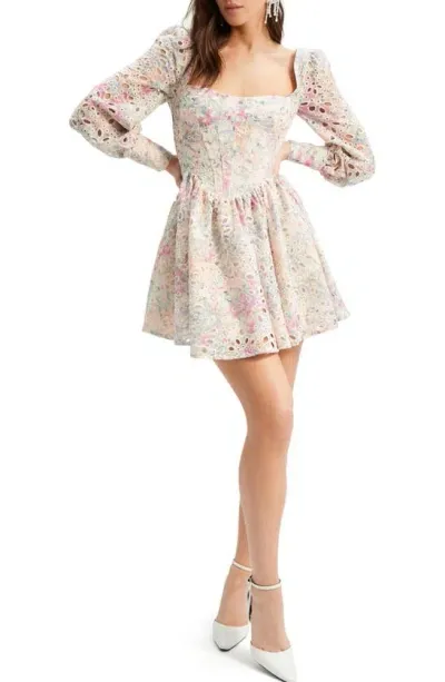 Bardot Lila Floral Eyelet Corset Long Sleeve Minidress In White