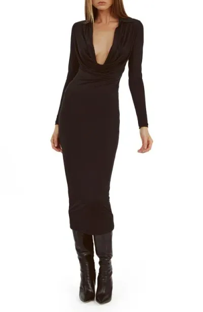 Bardot Lorel Plunge Long Sleeve Midi Dress In Black