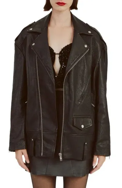 Bardot Oversize Leather Biker Jacket In Black