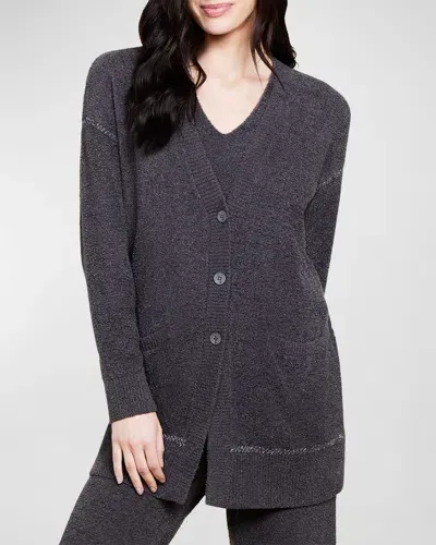 Barefoot Dreams Cozychic Lite Contrast-stitch Cardigan In Carbon/pearl