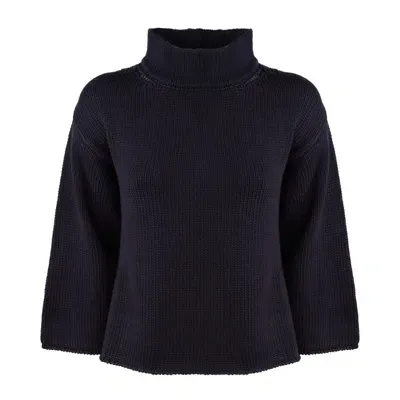 Base Blue Extra Fine Merino Wool Mock Neck Sweater