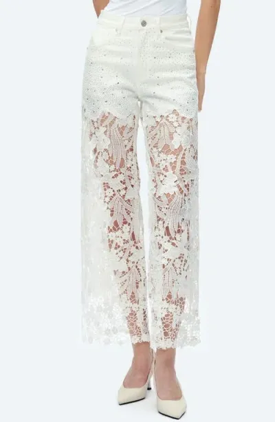 Bayeas High Waist Crystal Embellished Lace Leg Jeans In White