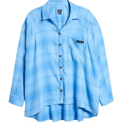 Bdg Urban Outfitters Brendan Plaid High-low Hem Button-up Shirt In Tonal Blue