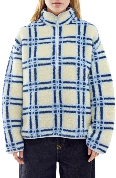 Bdg Urban Outfitters Check Print Fleece Quarter Zip In Ecru Blue