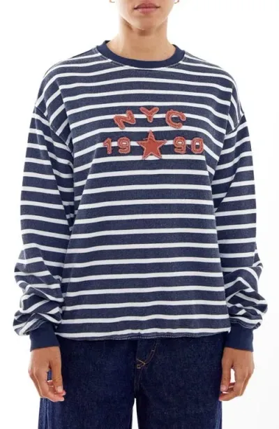 Bdg Urban Outfitters Nyc 1990 Appliqué Stripe Long Sleeve Cotton Graphic T-shirt In Navy Stripe