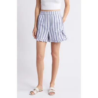 Beachlunchlounge Leia Stripe Ruffle Hem Linen & Cotton Shorts In Swimming Pool