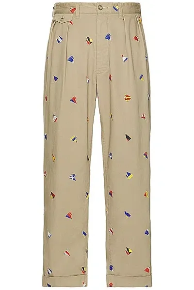 Beams 2 Pleats Trousers Embroidery On Print In Khaki