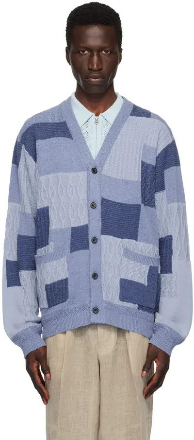 Beams Blue Patchwork Cardigan In Blue75