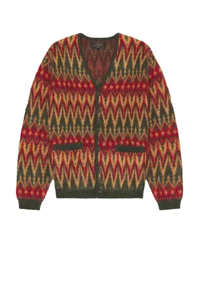 Beams Cardigan Double Jacquard Chevron Pattern In Green