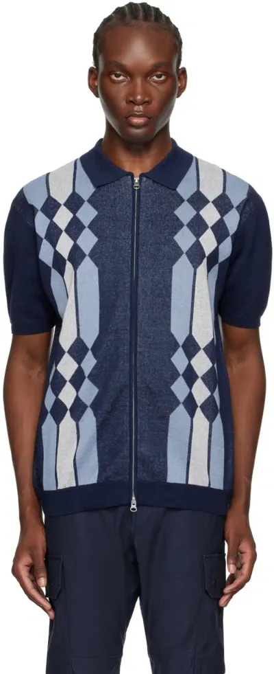 Beams Ramie And Cotton-blend Jacquard Zip-up Cardigan In Blue