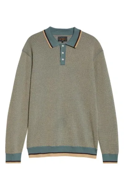 Beams Slab Knit Linen Blend Long Sleeve Polo In Green