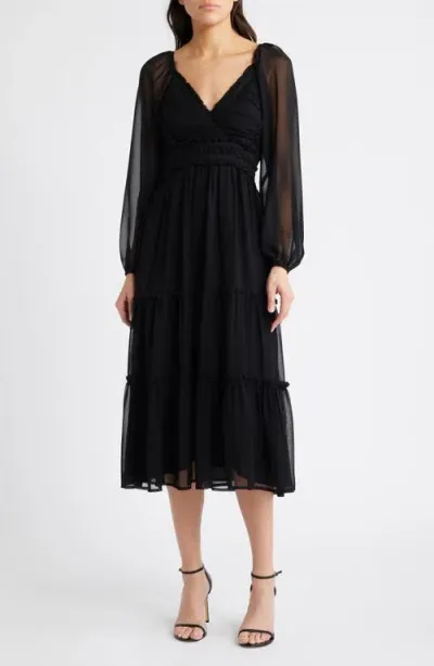 Bebe Lace-up Back Long Sleeve Chiffon Midi Dress In Black