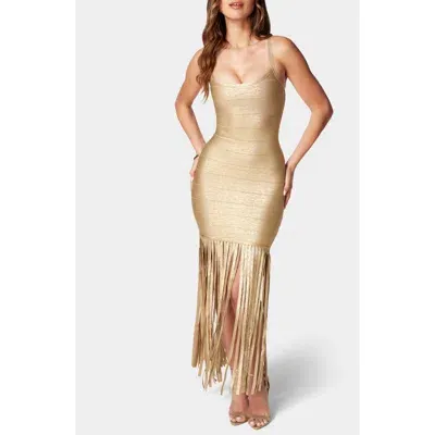 Bebe Metallic Fringe Detail Bandage Body-con Gown In Gold