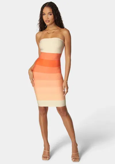 Bebe Strapless Colorblock Bandage Midi In Peachmul