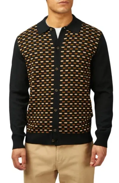 Ben Sherman Check Organic Cotton Polo Cardigan In Black