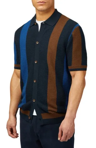 Ben Sherman Textured Stripe Short Sleeve Organic Cotton Cardigan In Dark Navy