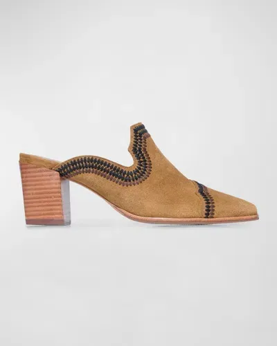 Bernardo Brooklyn Embroidered Suede Loafer Mules In Safari Split Suede