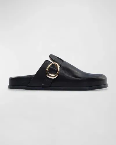 Bernardo Easton Leather Buckle Slide Mules In Black Antique Calf