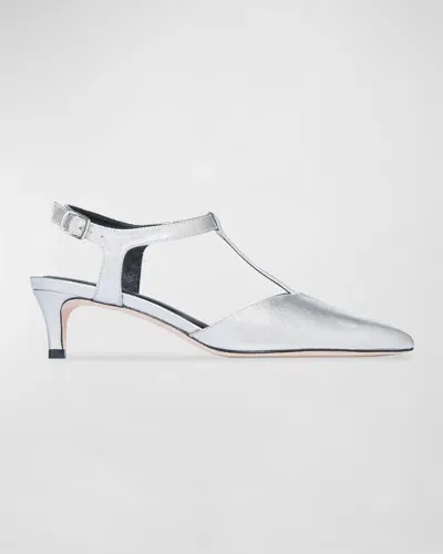 Bernardo Malta Metallic T-strap Pumps In Silver Metallic Antique Calf