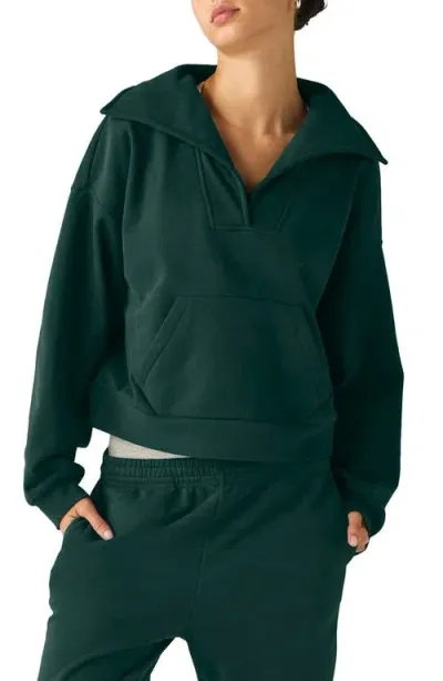 Beyond Yoga Street Smart Johnny Collar Fleece Sweatshirt In Dark Spruce Green