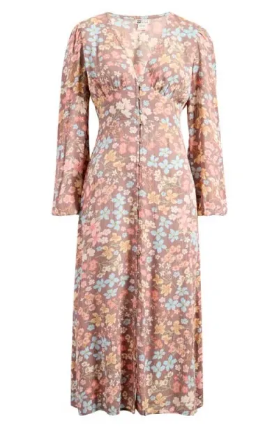 Billabong Cool Nights Floral Long Sleeve Midi Dress In Sweet Earth