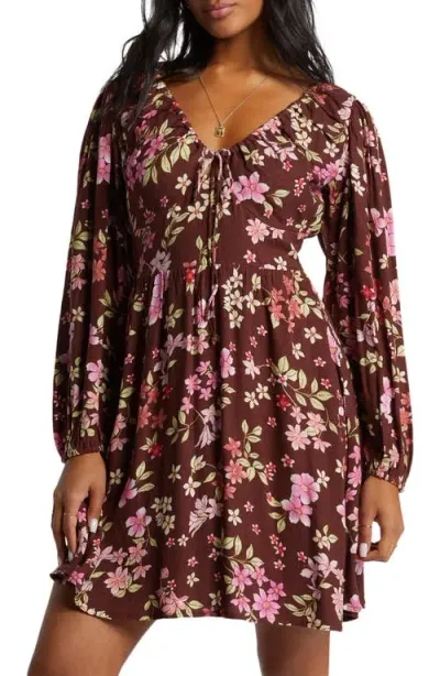 Billabong Floral Long Sleeve Tie Neck Dress In Choc Chip