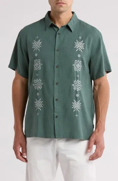 Billabong Frequency Embroidered Short Sleeve Linen Blend Button-up Shirt In Marine Green