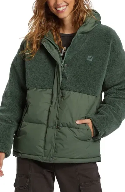 Billabong Love Trip Fleece & Taffeta Quilted Hooded Jacket In Tree Hugger