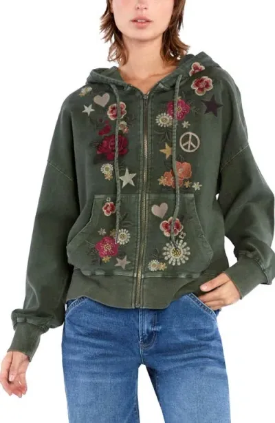 Billy T Camp Happy Floral Embroidered Zip Hoodie In Camp Green