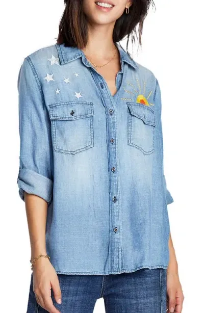 Billy T Hello Sunshine Embroidered Denim Shirt In Washed Blue