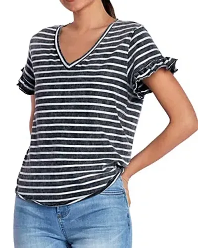 Billy T Ruffled V Neck Tee In Washed Black Stripes