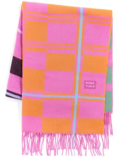 Bimba Y Lola Checked Fringed Scarf In Pink