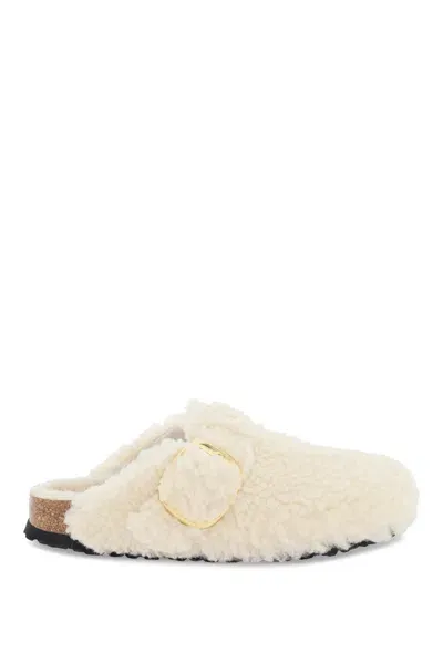 Birkenstock Boston Buckle Shearling Mules In Beige