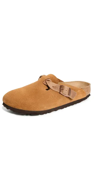 Birkenstock Round Toe Buckle-detailing Suede Mules In Brown