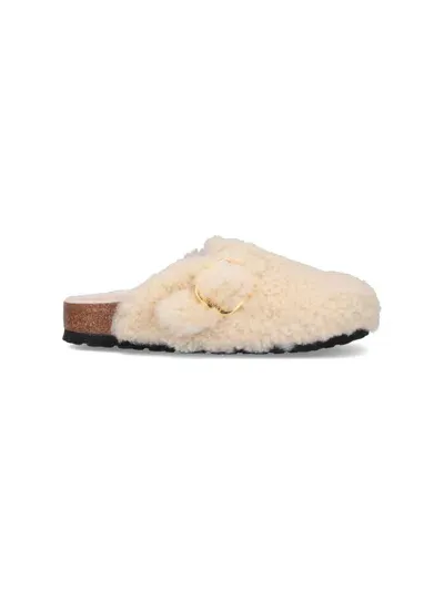 Birkenstock Boston Buckle Shearling Mules In Cream