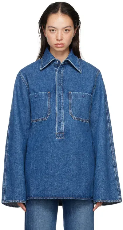 Bite Blue Curved Pull On Denim Shirt In Blue Wash 5046