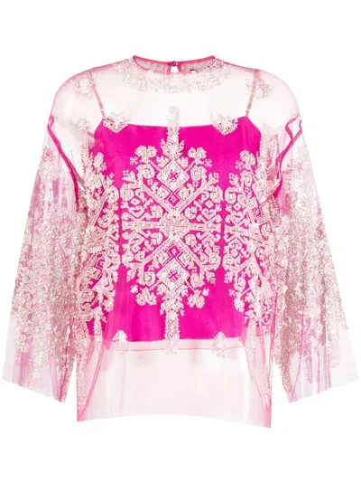 Biyan Safira Bead-embroidered Sheer Tulle Blouse In Pink