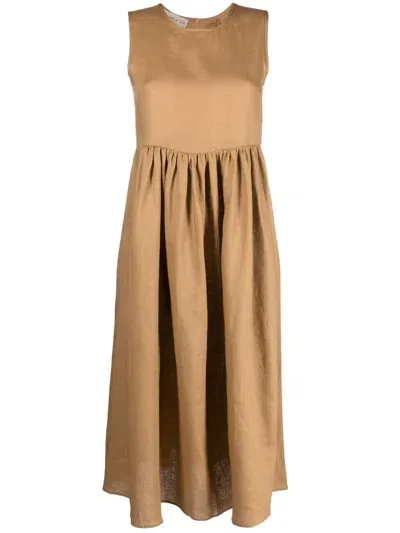 Blanca Vita Pleated Sleeveless Linen Midi Dress In Light Brown