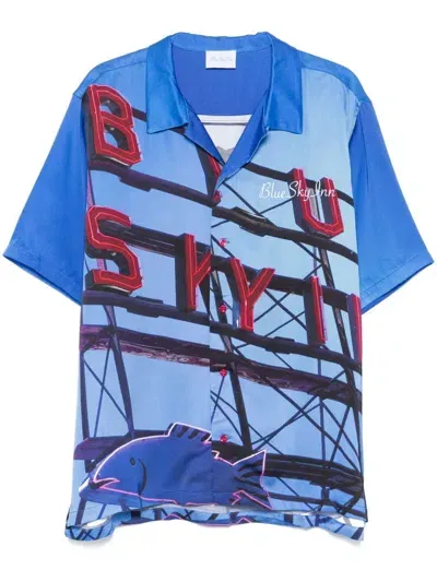 Blue Sky Inn Red Neon Sign-print Shirt In Blue