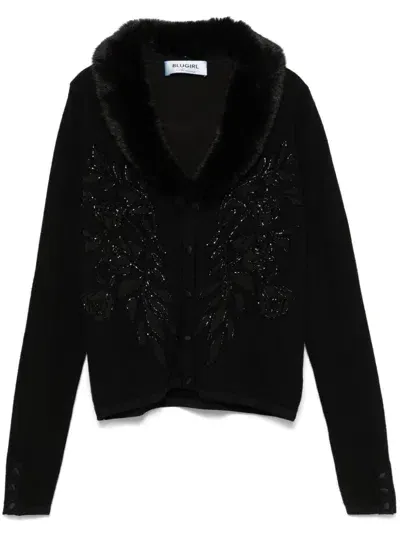 Blugirl Faux-fur Collar Embroidered Cardigan In Black