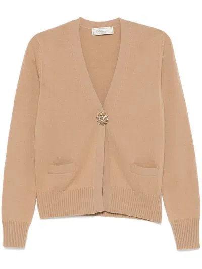 Blumarine Brooch-detail Cardigan In Brown