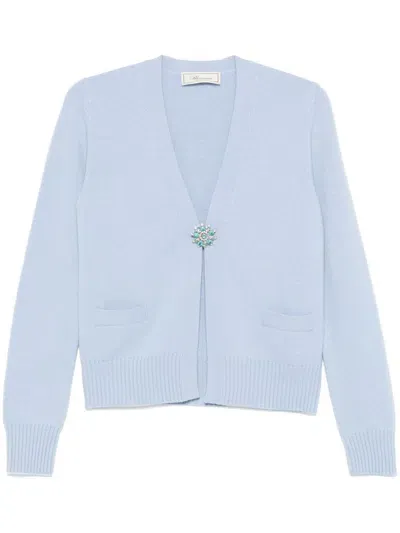 Blumarine Crystal-embellished Brooch Cardigan In Blue