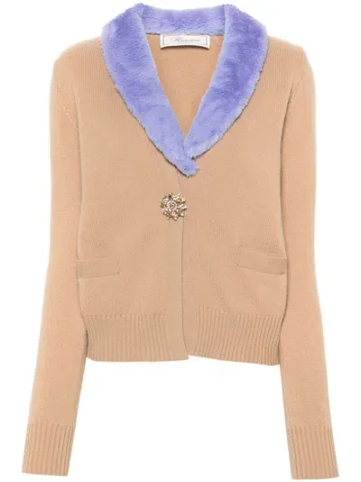 Blumarine Faux-fur Collar Cardigan In Neutrals