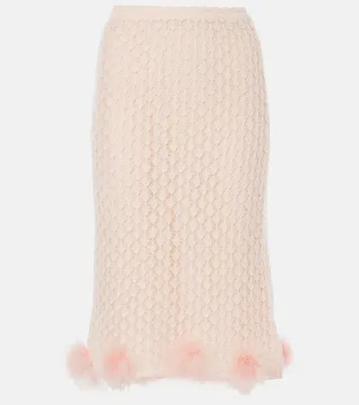 Blumarine Feather-trimmed Mohair And Wool-blend Midi Skirt In Pink