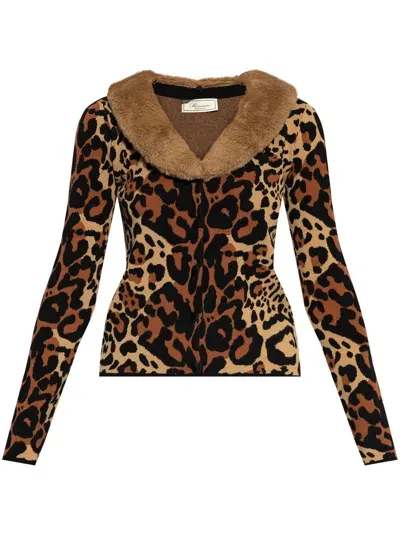 Blumarine Leopard-print Faux-fur Cardigan In Brown Sugar Black